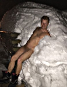 Falling into a snowbank after a sauna can be a bit of a problem... especially when there's a camera around.